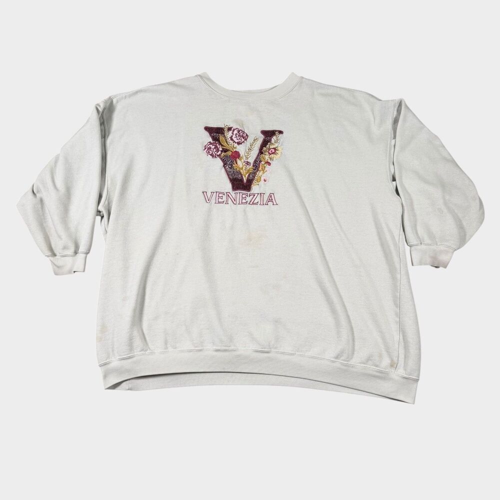 Vintage Venezia Floral Embroidered Sweatshirt XXL 90s Oversized Grandpacore Gray